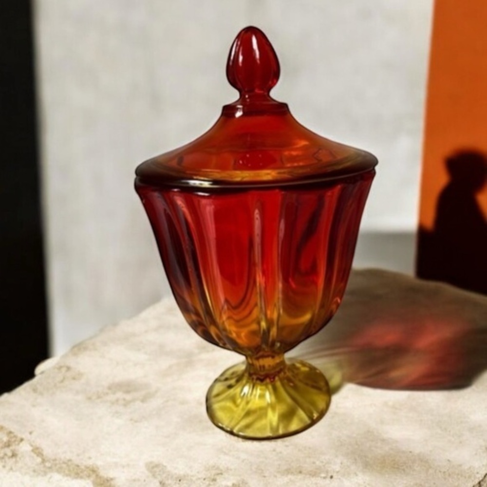 L.E. Smith Simplicity Candy Dish Orange Amberina 10.5” LARGE Size Cadmium GLOW